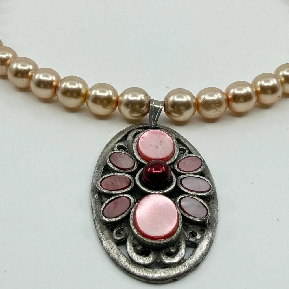 Blush Faux Pearl Pink Cabochon Pendant Necklace Silver Tone Coquette Statement